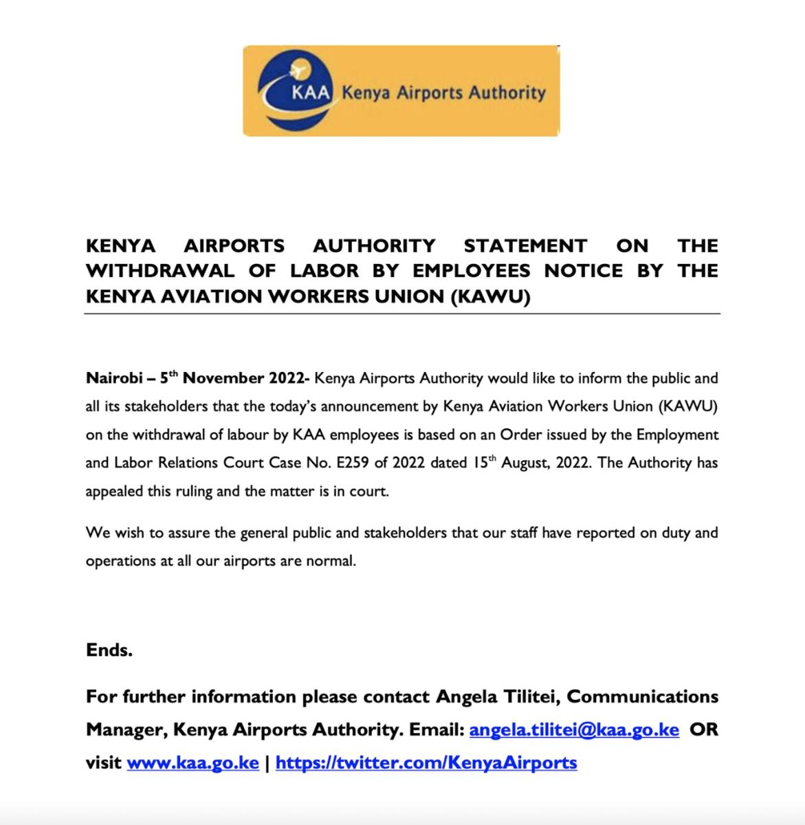 Kenya Aviation Workers Union (KAWU) supports Kenya Airline Pilots ...