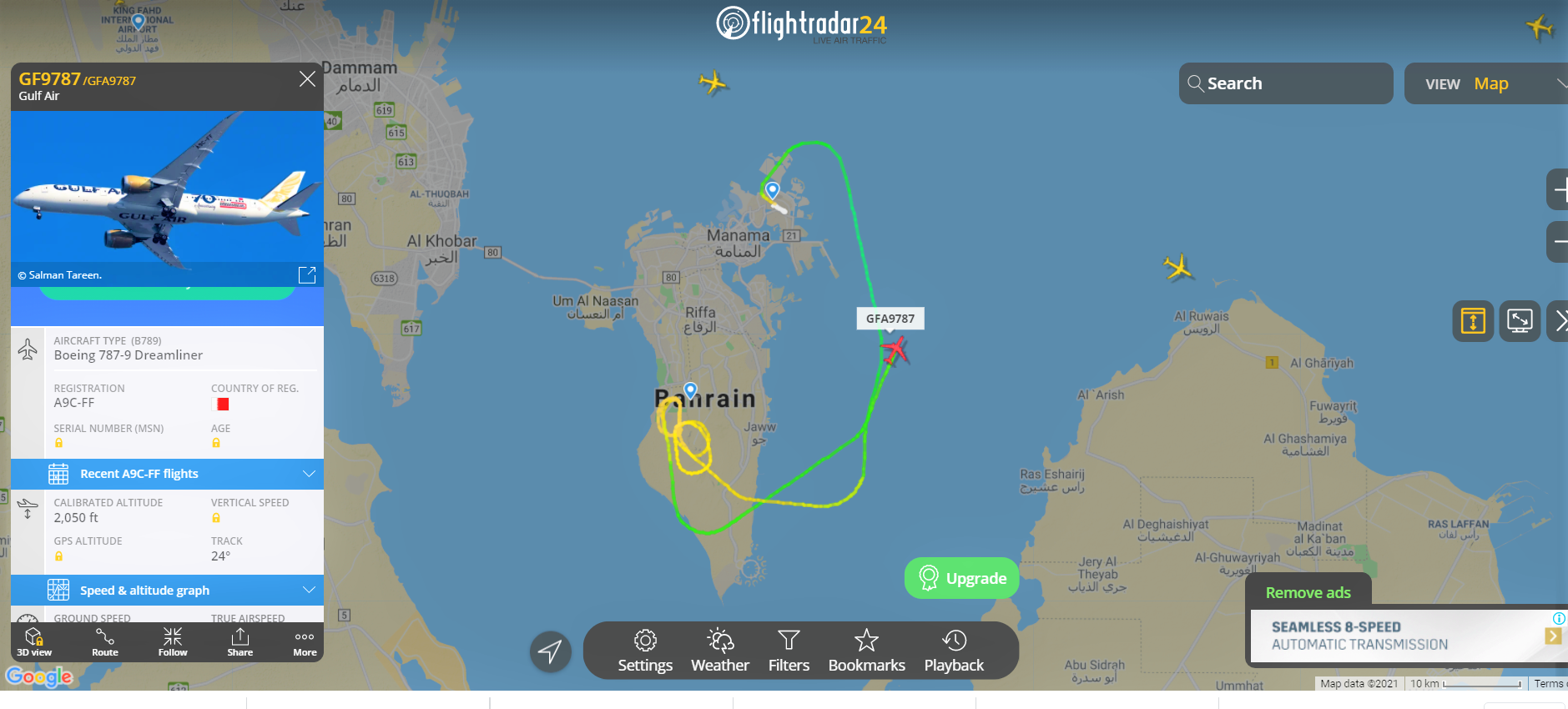 Happening Now !  Sustainable Aviation Fuel Efforts - Gulf Air, Boeing 787-9 Dreamliner  doing a fly past at the 2021 Formula 1 season opener.