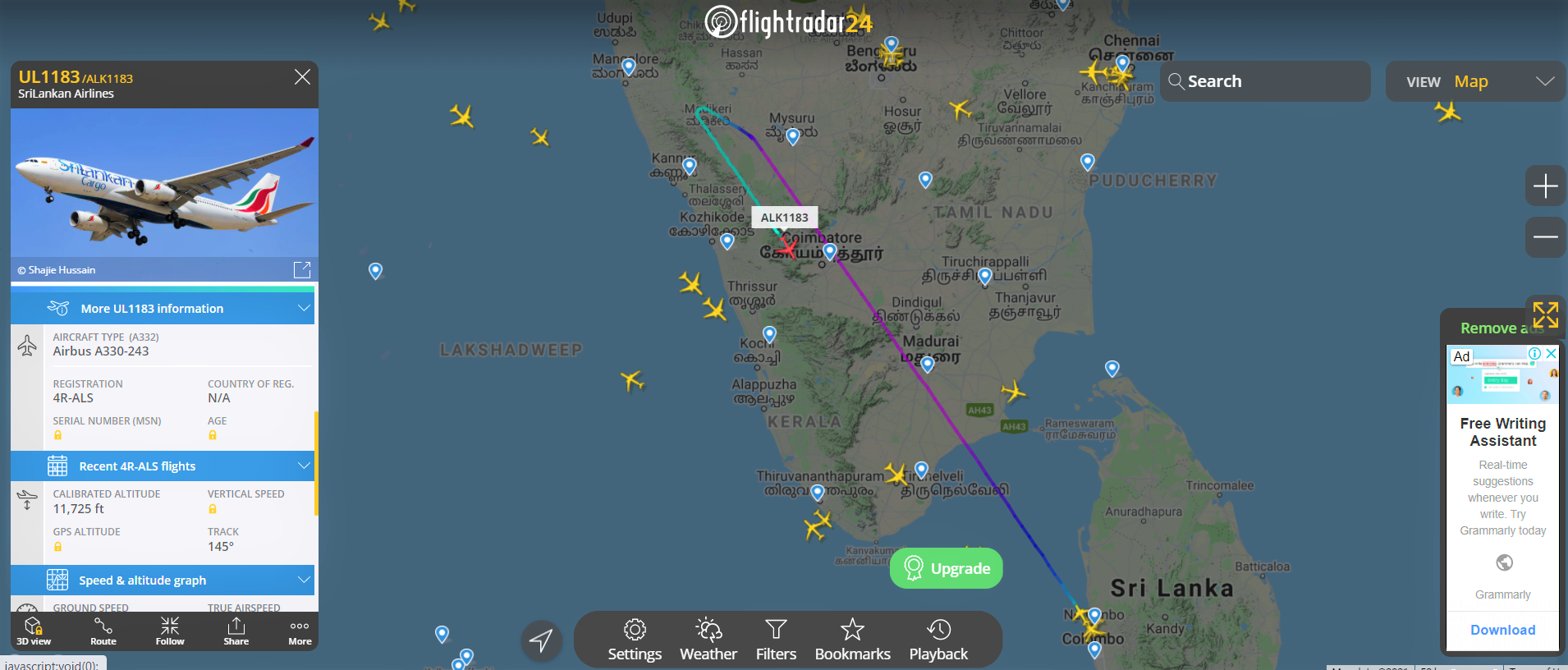 Happening Now - Squawking 7700  Alert !  Srilankan  Freighter Airbus A330-243  (4R-ALS) making  Air turn back  now  on  Flight # UL1183 ( Colombo-Karachi)