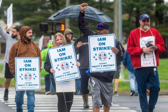 Thousands of machinists union members go on strike at jet engine maker Pratt & Whitney in Connecticut.