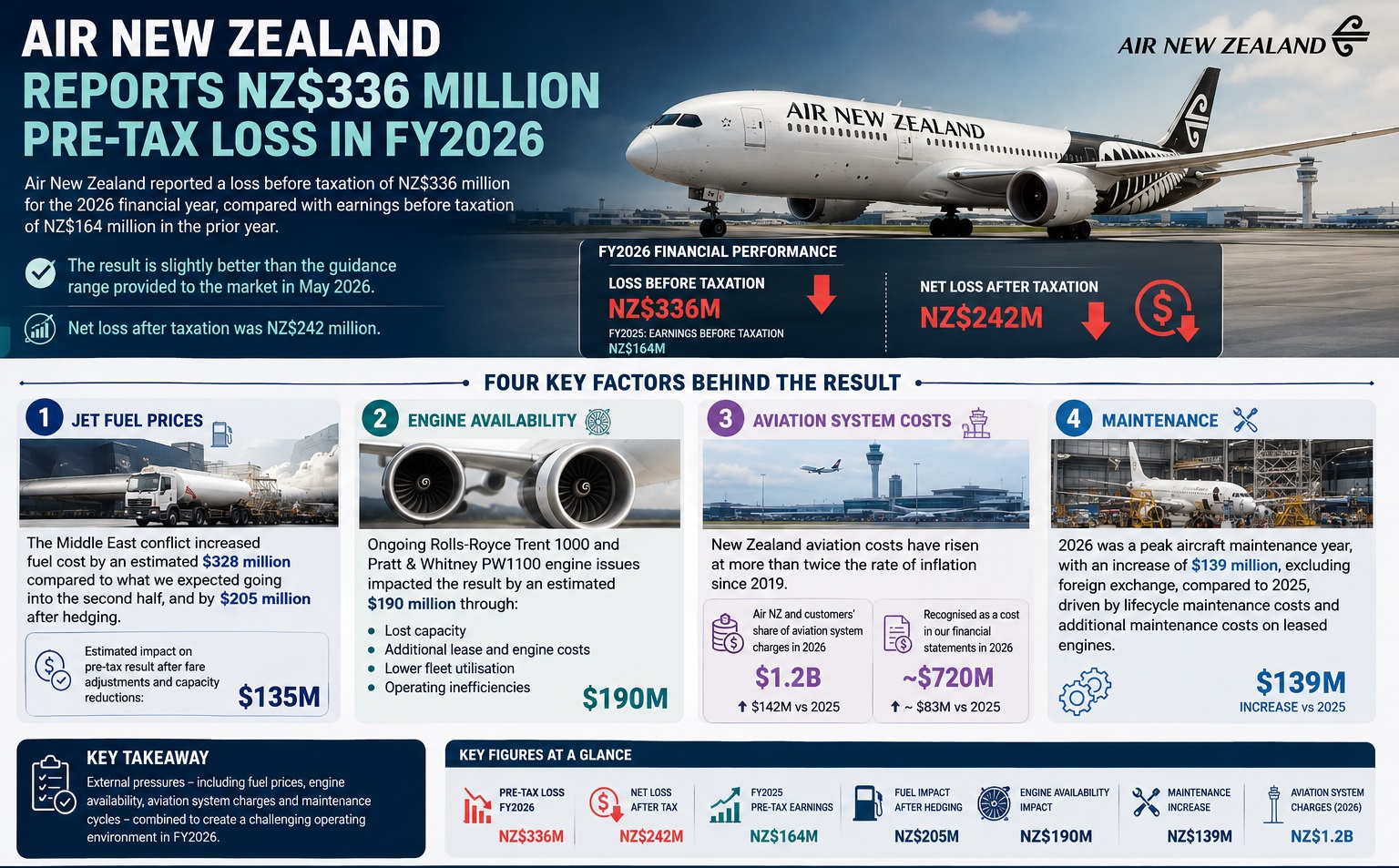Air New Zealand swings to NZ$336M FY2026 loss: Fuel, engine shortages and maintenance hit profitability