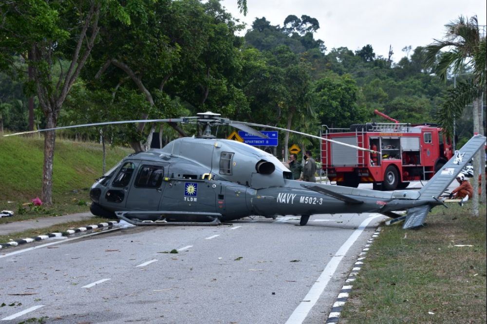 Eurocopter AS 555SN of Royal Malaysian Navy (RMN) makes an emergency landing on a road at Lumut NAS (WMLH).