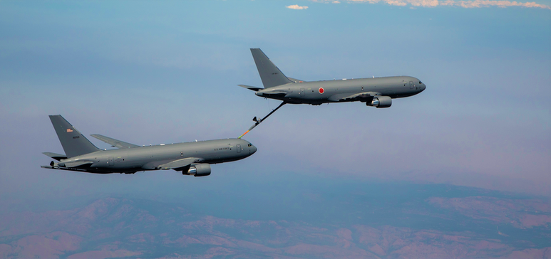 Japan Air Self-Defense Force (JASDF) 1st  Boeing [BA] KC-46A tanker 'refuels' and 'get refueled' from another KC-46A Pegasus ! 