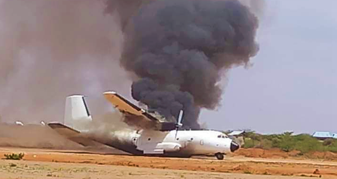 A Transall C-160 cargo aircraft caught fire and got destroyed , just after landing at the Dolow Airfield, Somalia.