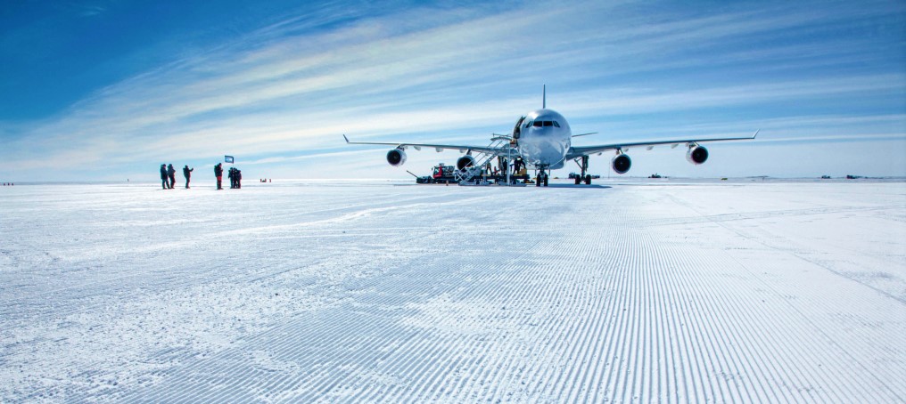 Blue glacial ice runway calls - In a historic moment , HI FLY lands it's 9H-SOL , an A340-313HGW , first time ever in Antarctica.