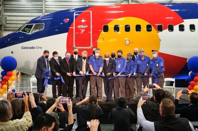 A  130,000 square-foot   Aircraft  Technical  hangar  at  Denver International  Airport  ,  opened  by  Southwest  Airlines  at  a  price  tag  of  $100  million !