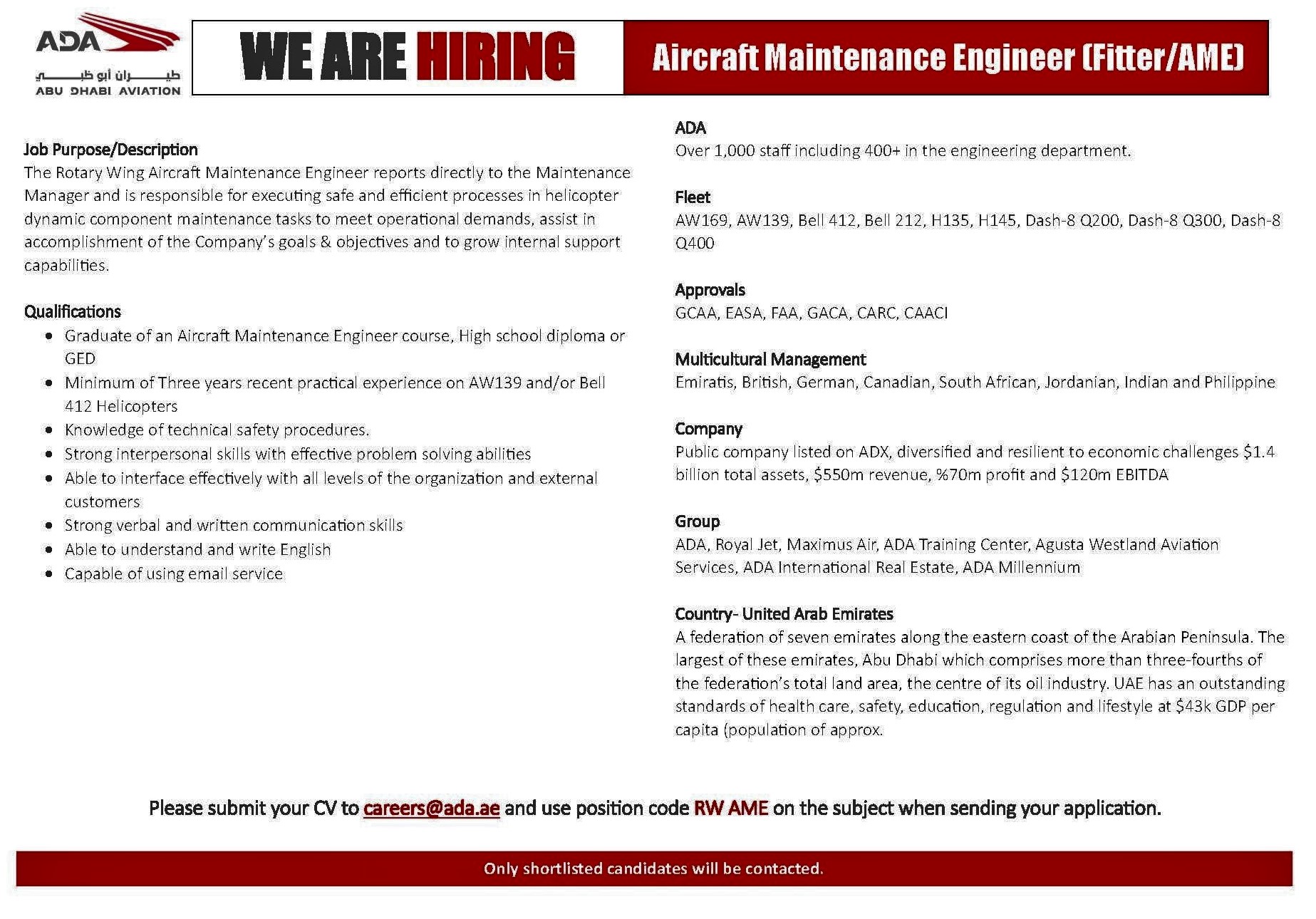 Job Opening Alert ! Abu Dhabi Aviation , UAE is recruiting for Rotary wing - Aircraft Maintenance Engineers for their Facility !