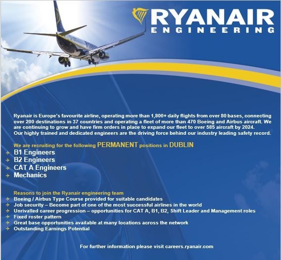 Job opening alert ! Ryanair is recruiting Aircraft maintenance engineers B1 and B2  for  it's  network !
