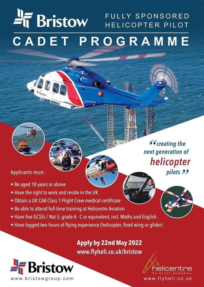 Fully  sponsored  helicopter pilot cadet  programme at Helicentre  Aviation Ltd ,  in partnership with Bristow Group !