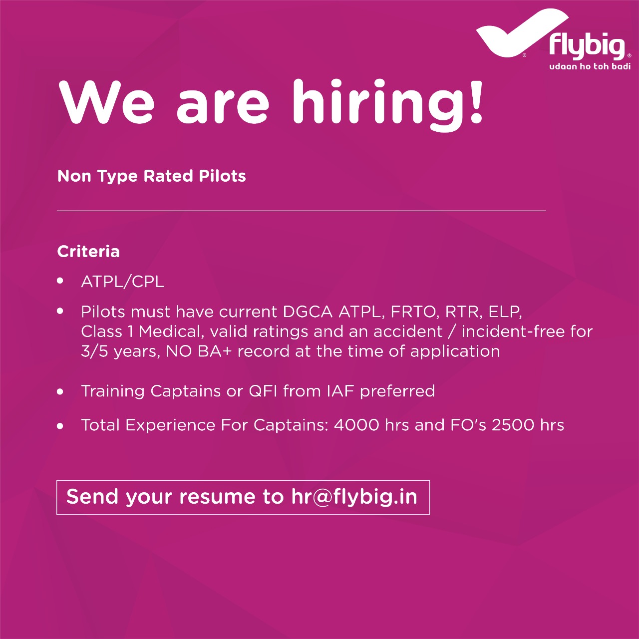 Job Alert ! Indian flybig airlines is hiring  ATR Rated Pilots .